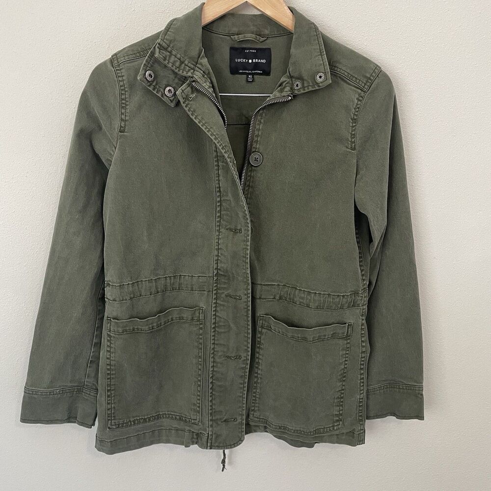 Lucky Brand Womens XS Military Field Jacket Green Full Zip Drawstring Waist Boho